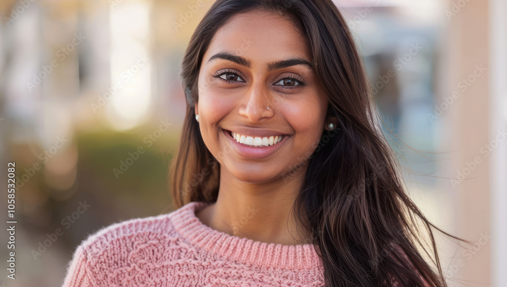 young indian woman smiling in sweater young indian woman smiling in sweater