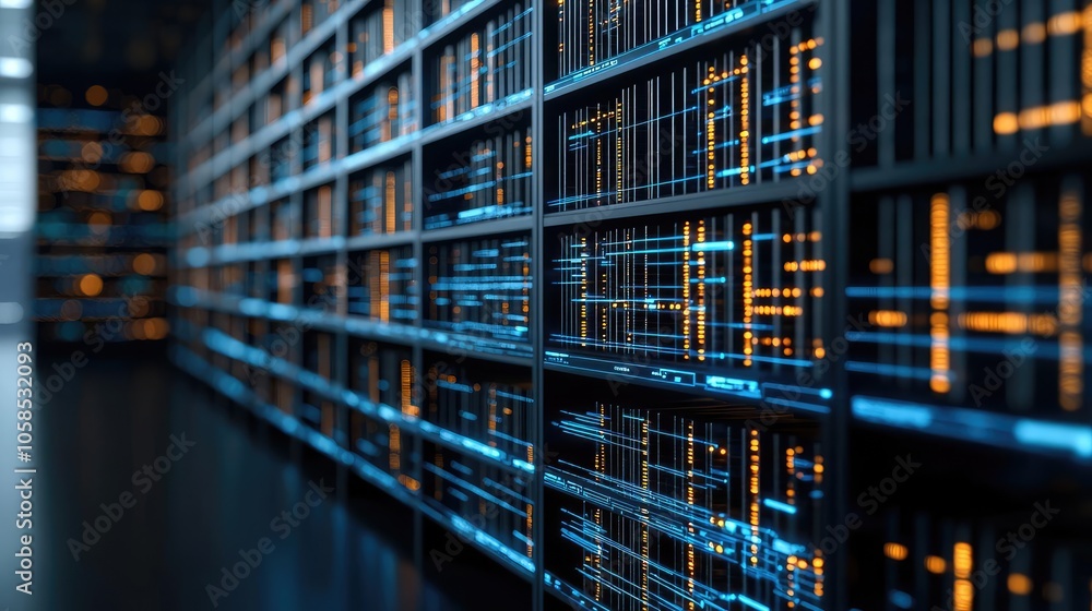 High-tech data storage with glowing shelves and organized files, futuristic design. High-tech data storage with glowing shelves and organized files, futuristic design.