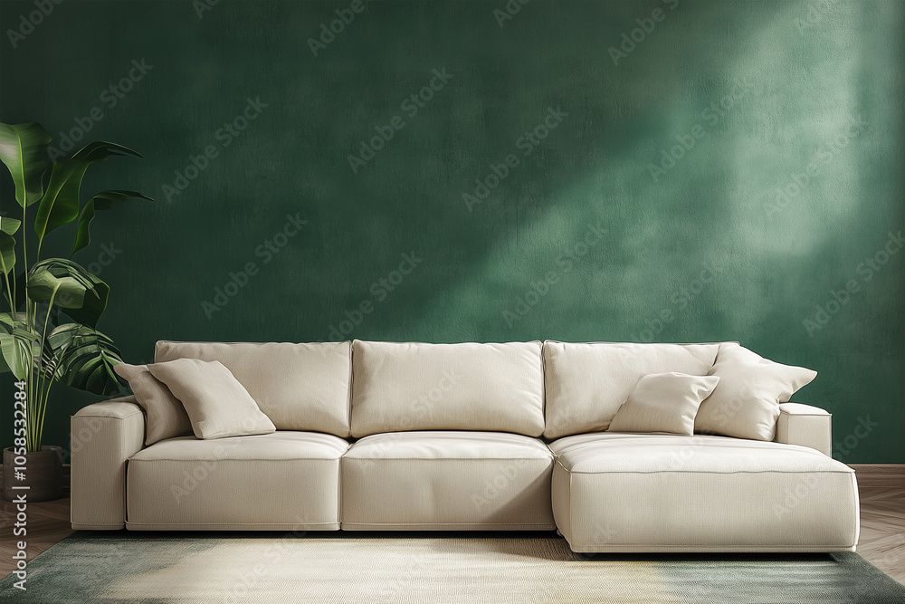 Mock up frame in a minimalist empty room with muted green walls and a cozy cream-colored sofa, 3D render Mock up frame in a minimalist empty room with muted green walls and a cozy cream-colored sofa, 3D render
