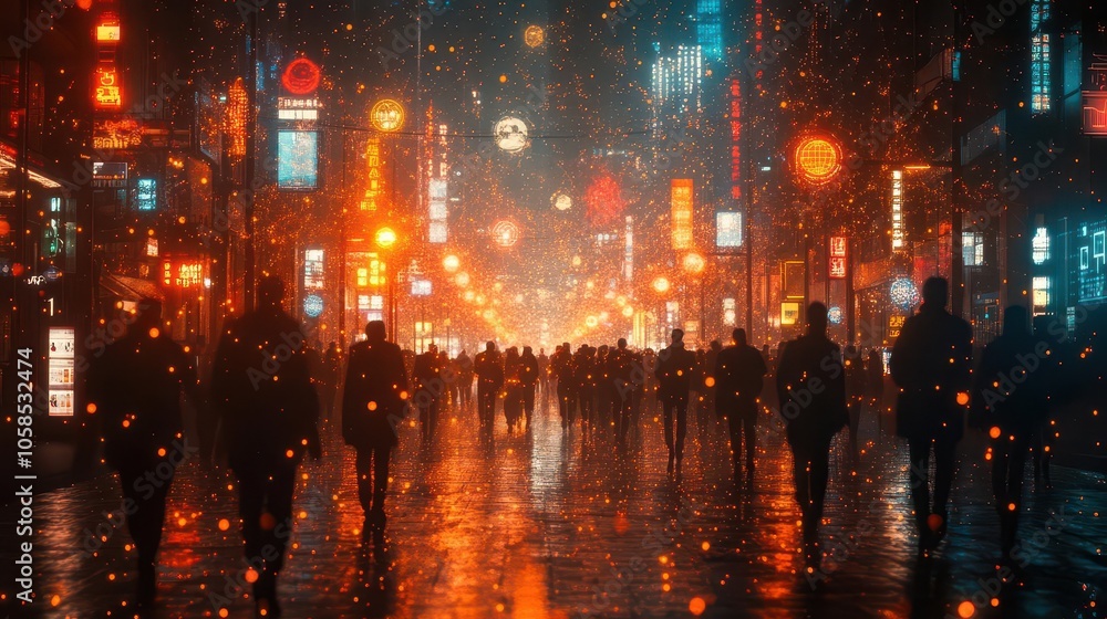 a digital representation of a crowd interconnected by a web of connections, symbolizing big data and smart city concepts, merging technology and community in a futuristic context a digital representation of a crowd interconnected by a web of connections, symbolizing big data and smart city concepts, merging technology and community in a futuristic context