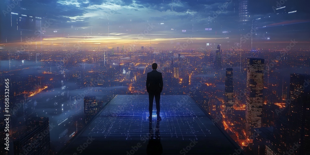 Businessman observing future city with network connections Businessman observing future city with network connections