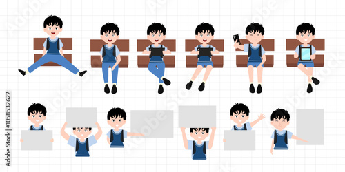 set of variant poses boy uniform school. blank banner cartoon. boy and blackboard room school. funny little boy is crying, and posing with his hands folded on his waist