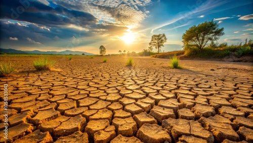 Arid landscape with cracked earth under vibrant sunset in natural surroundings photo