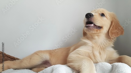 A playful golden retriever puppy lounging comfortably. photo