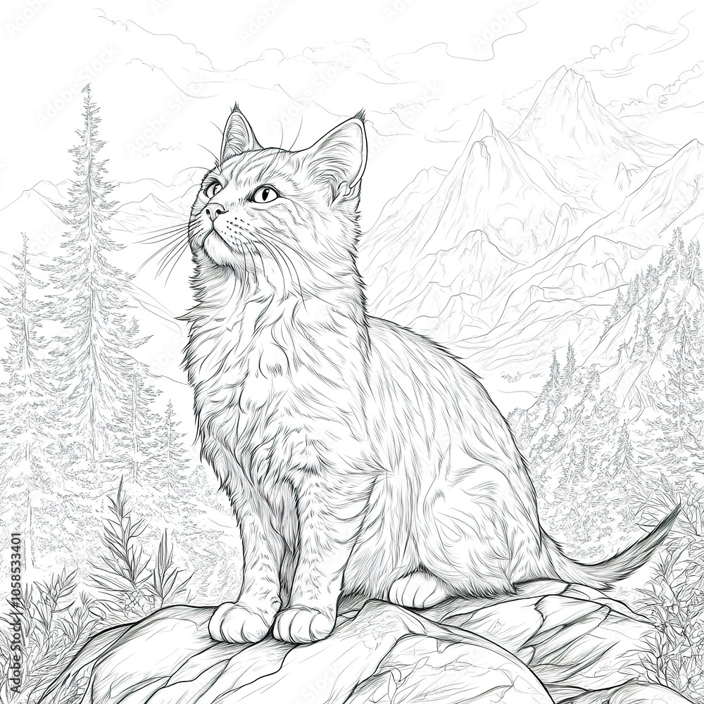 Obraz premium Intricate Cat Coloring Page in Forest Setting.