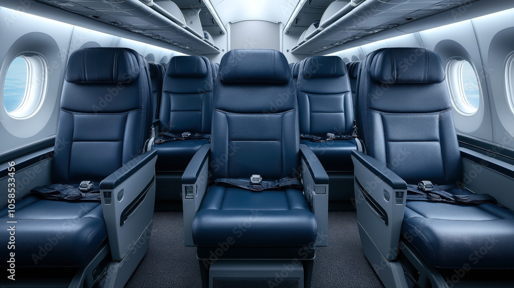 Interior view of an airplane cabin showing blue leather seats in a premium or first-class configuration with seatbelts and armrests on a commercial aircraft. Interior view of an airplane cabin showing blue leather seats in a premium or first-class configuration with seatbelts and armrests on a commercial aircraft.