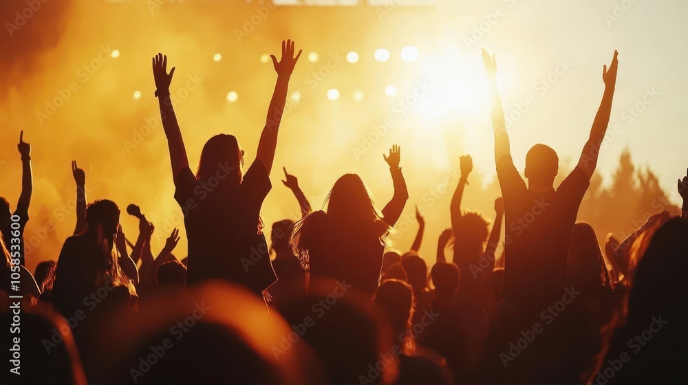 Friends enjoying an outdoor concert, dancing with joy, energetic atmosphere Friends enjoying an outdoor concert, dancing with joy, energetic atmosphere