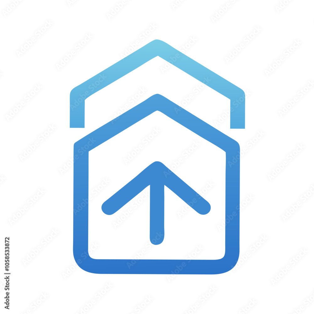 Blue upward arrow icon in a double house shape
Blue upward arrow icon in a double house shape