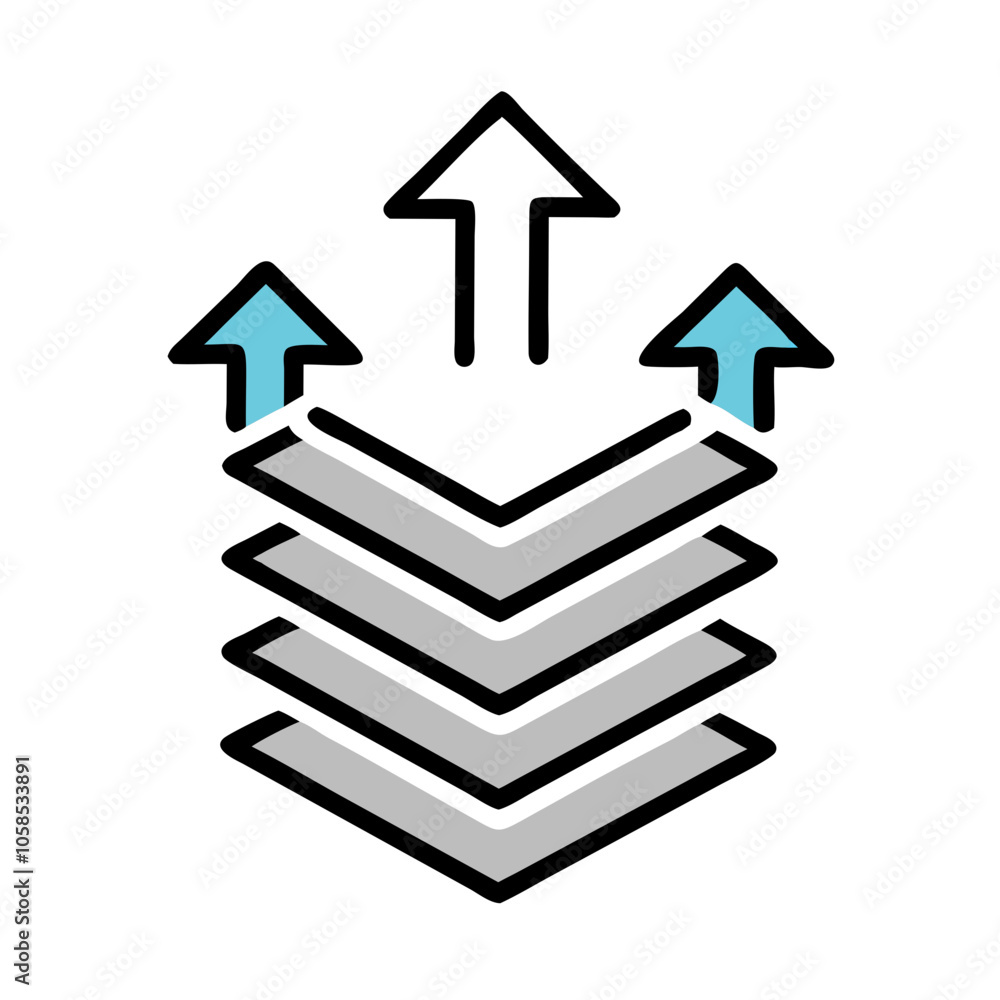 Stacked layers icon with upward arrows in gray tones
Stacked layers icon with upward arrows in gray tones