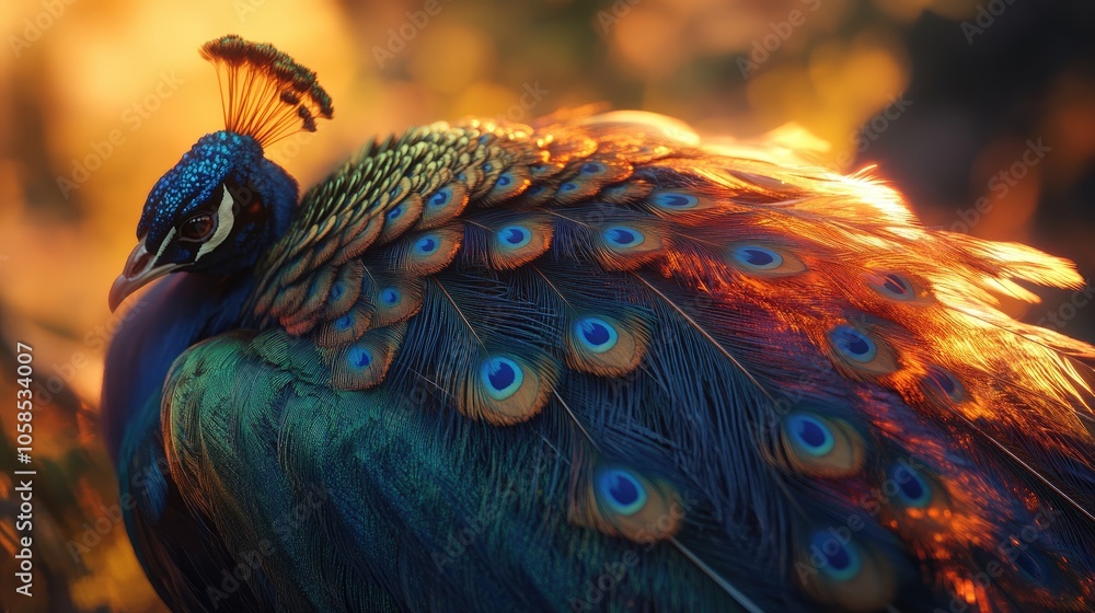 Obraz premium Close-up of a peacock's feathers glowing in the warm sunset light, displaying its brilliant colors in a peaceful evening scene.