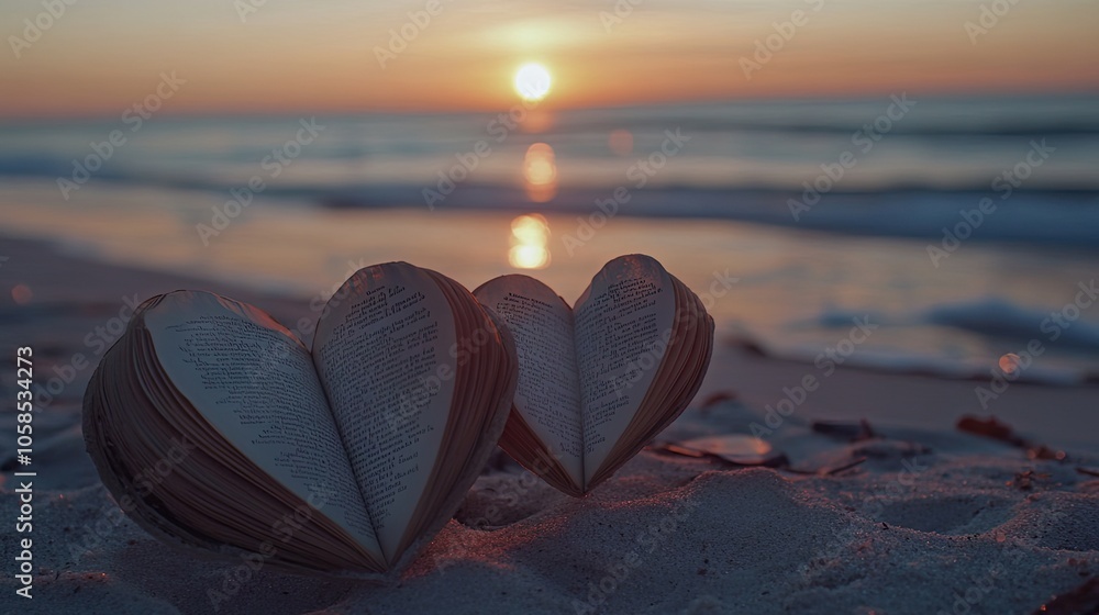Close-up of heart-shaped book pages by a sunset beach, blending literature and love with a peaceful ocean view. Close-up of heart-shaped book pages by a sunset beach, blending literature and love with a peaceful ocean view.