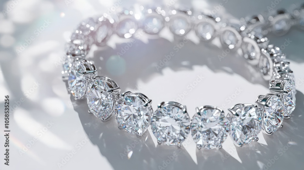 Elegant diamond bracelet laid on a white surface, with sparkling gems catching the light, perfect for luxury themes. Elegant diamond bracelet laid on a white surface, with sparkling gems catching the light, perfect for luxury themes.