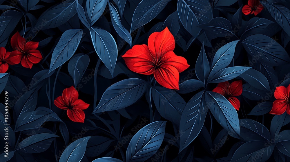 Red Flowers in Dark Foliage Smooth Blue Background with Copy Space for Advertisements Red Flowers in Dark Foliage Smooth Blue Background with Copy Space for Advertisements