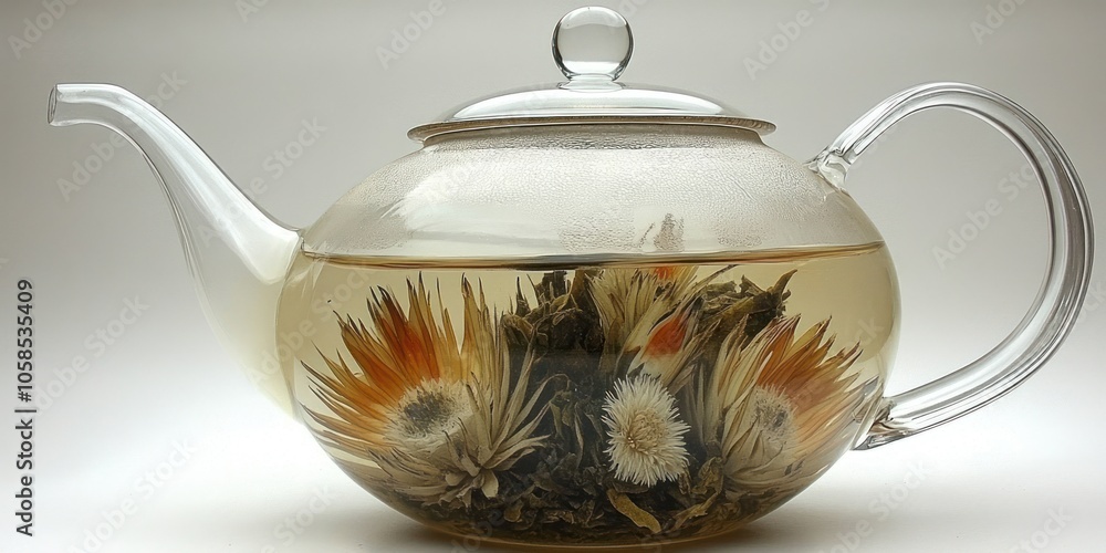A glass teapot filled with blooming tea flowers in clear water. A glass teapot filled with blooming tea flowers in clear water.