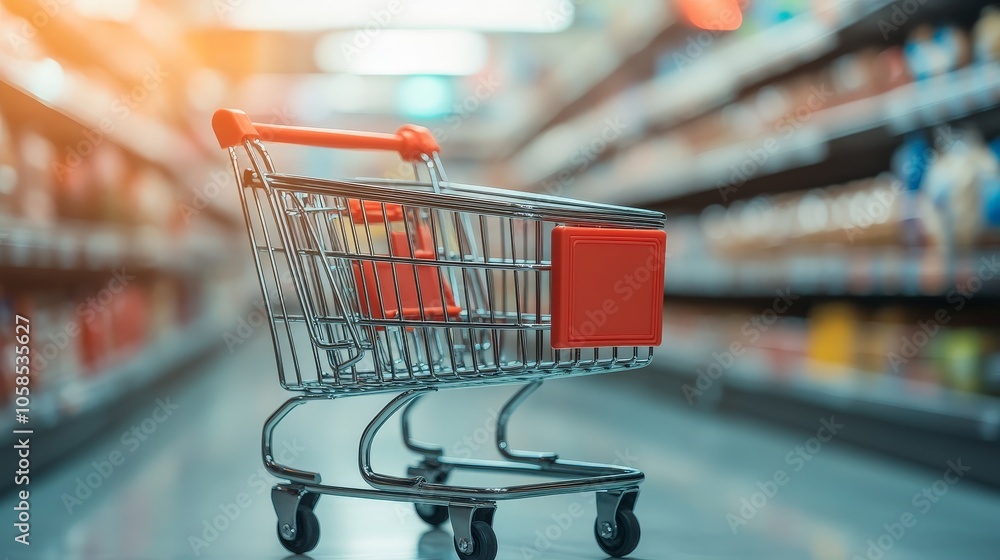 Fast-Paced Shopping Cart Moving Through Grocery Store Aisle Fast-Paced Shopping Cart Moving Through Grocery Store Aisle