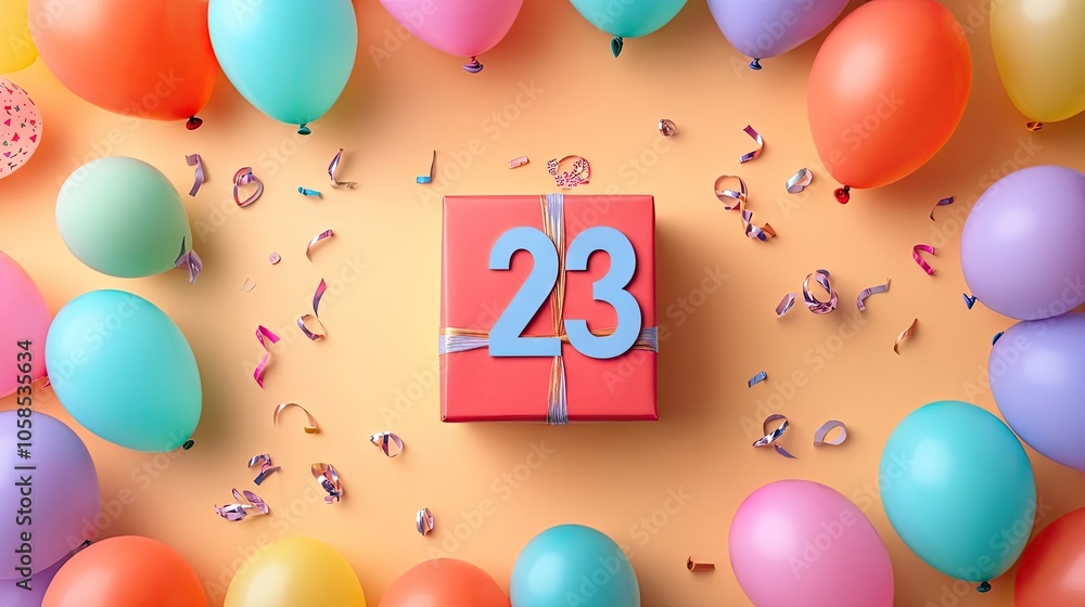 Flat lay composition of a vibrant number 23 birthday celebration, featuring colorful balloons and a beautifully wrapped gift box, ideal for capturing festive moments.