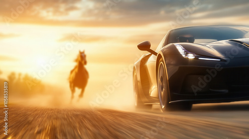 sleek sports car racing alongside galloping horse at sunset, creating dynamic and thrilling scene. dust and light enhance dramatic atmosphere