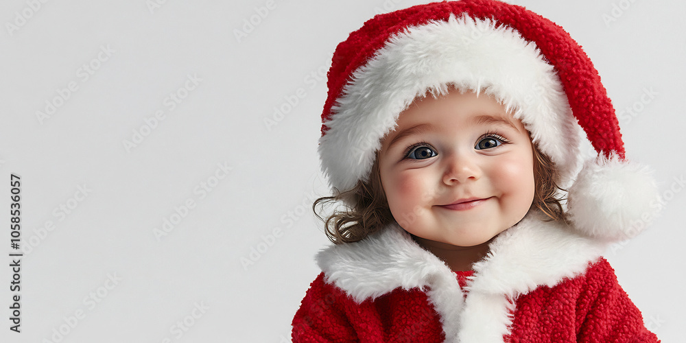 Cute adorable baby wearing a Santa hat and red outfit, smiling warmly against a white background, capturing the joy and spirit of Christmas Cute adorable baby wearing a Santa hat and red outfit, smiling warmly against a white background, capturing the joy and spirit of Christmas