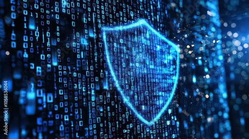 Network Security. Internet Security. Firewall. Blue shield symbol on a computer screen with binary code running in the background.