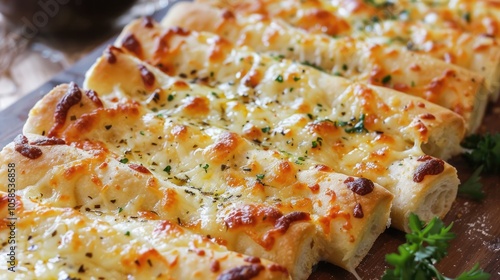 Baked cheese and garlic breadsticks. photo