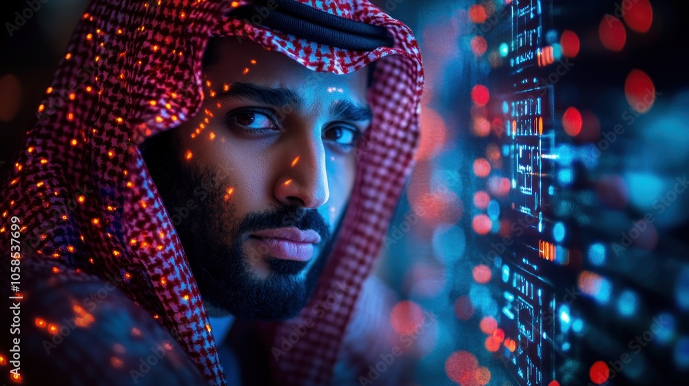 A man in traditional attire surrounded by digital interfaces. A man in traditional attire surrounded by digital interfaces.