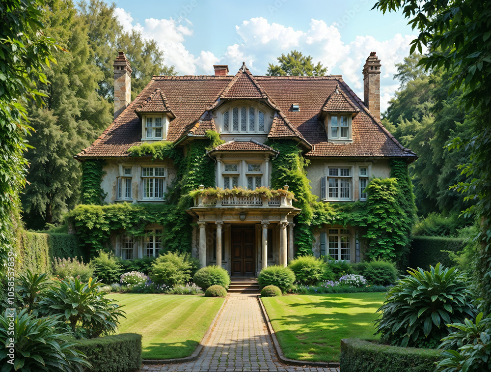 Luxury mansion in the garden with a beautiful landscaped lawn Luxury mansion in the garden with a beautiful landscaped lawn