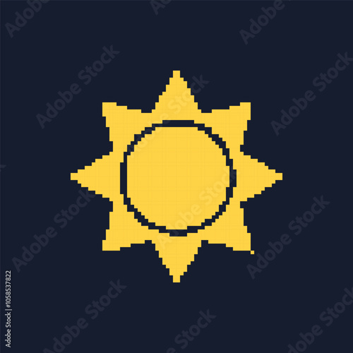 Sun Pixel Art Icon. Retro Game Yellow Sun Isolated on Dark Background. Vintage Video Game Symbol. Isolated Vector Illustration