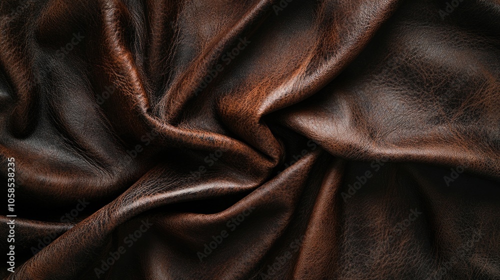 Fototapeta premium Closeup of dark brown leather texture displaying rich creases, perfect for highlighting the unique qualities of dark brown leather in various creative projects. Ideal for backgrounds.