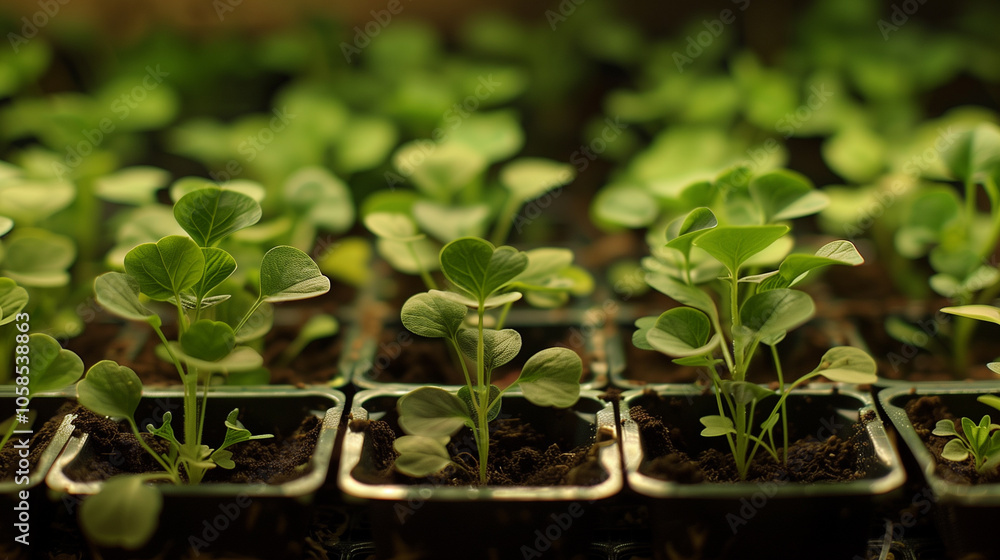 Close-up of young seedlings in small pots in greenhouse environment Close-up of young seedlings in small pots in greenhouse environment