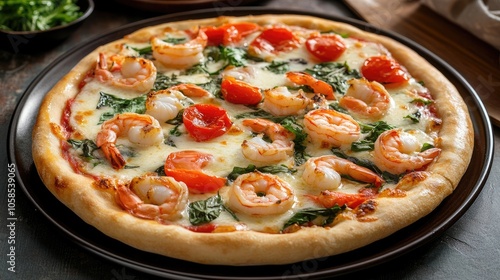 Delicious pizza topped with fresh shrimp, juicy tomatoes, and melted cheese, creating a mouthwatering dish. Ideal for showcasing in a vibrant food photography setting with ample copy space.