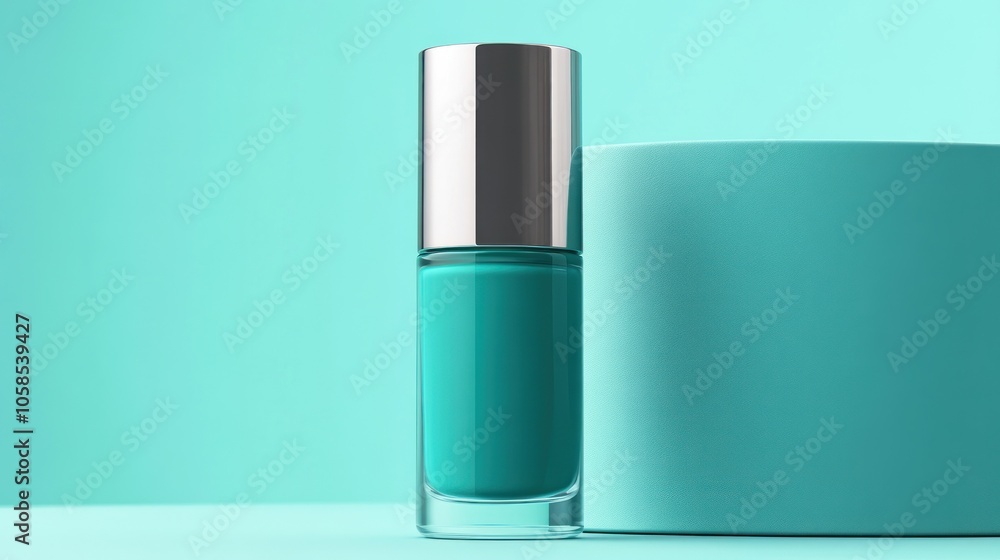 A turquoise nail polish bottle next to a matching cylindrical box. A turquoise nail polish bottle next to a matching cylindrical box.