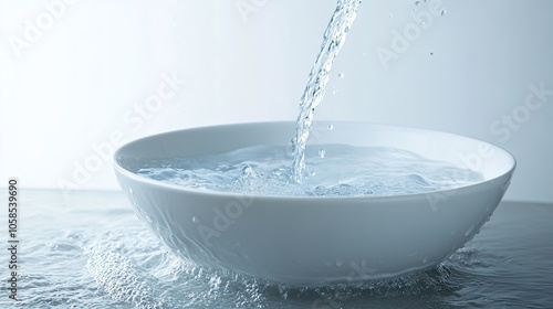 Save water concept represented by fresh water in a white bowl alongside flowing tap water, emphasizing the importance of conserving water resources. Photo includes ample copy space.