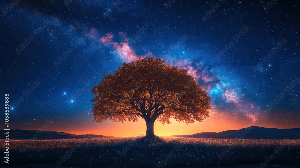 a lone, majestic tree stands in a field under a starry cosmos, with swirling galaxies and distant planets, creating a breathtaking contrast between nature and the universe a lone, majestic tree stands in a field under a starry cosmos, with swirling galaxies and distant planets, creating a breathtaking contrast between nature and the universe