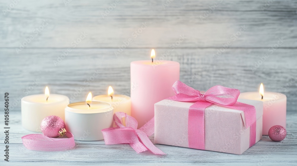 Gift box adorned with a pink ribbon alongside candles on a white wooden background, perfect for celebrations like holidays, birthdays, and special occasions. Photo style includes ample copy space. Gift box adorned with a pink ribbon alongside candles on a white wooden background, perfect for celebrations like holidays, birthdays, and special occasions. Photo style includes ample copy space.