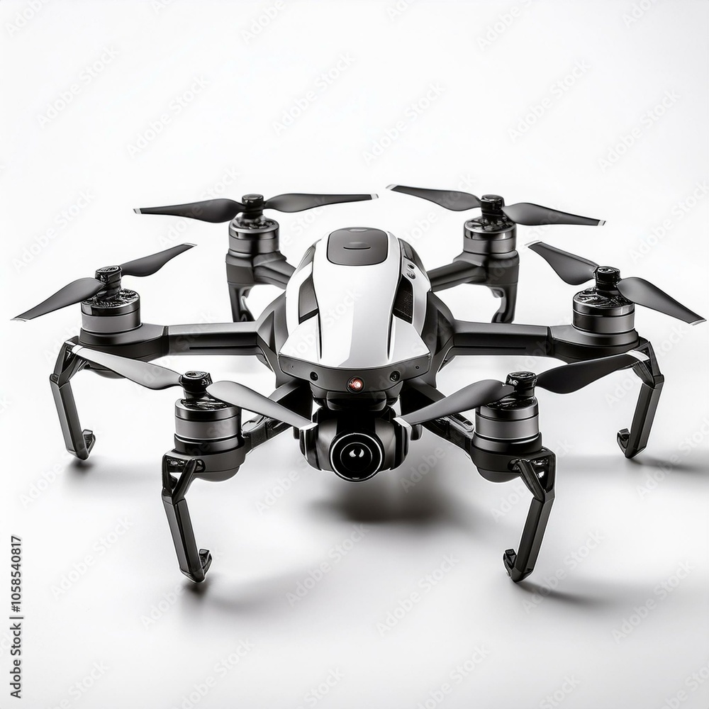 Modern quadcopter drone with sleek design and rotating propellers, isolated on white background, ideal for tech ads and drone product listings. Modern quadcopter drone with sleek design and rotating propellers, isolated on white background, ideal for tech ads and drone product listings.