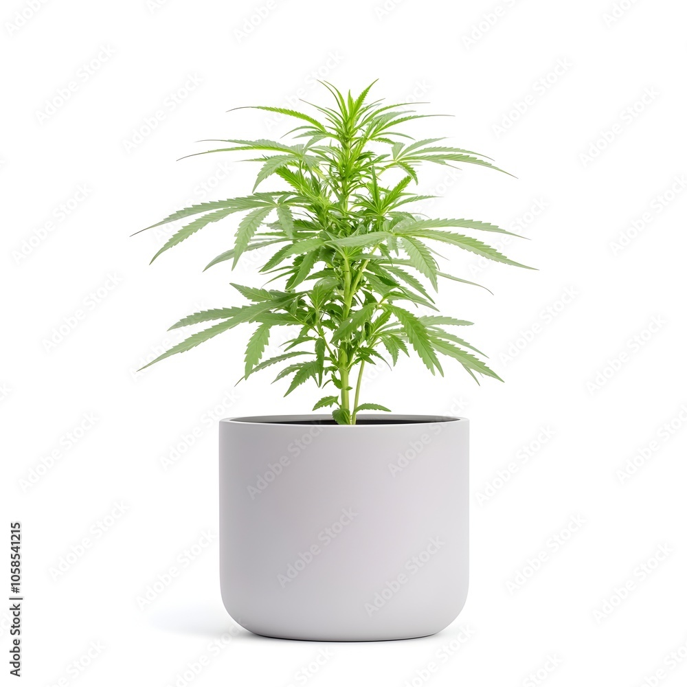 Fototapeta premium Perfect Green Cannabis Plant in Grey Pot Isolated on White Background