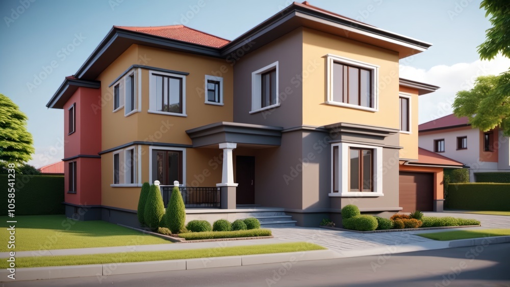 Modern two-story house with vibrant exterior and lush landscaping in a suburban neighborhood Modern two-story house with vibrant exterior and lush landscaping in a suburban neighborhood