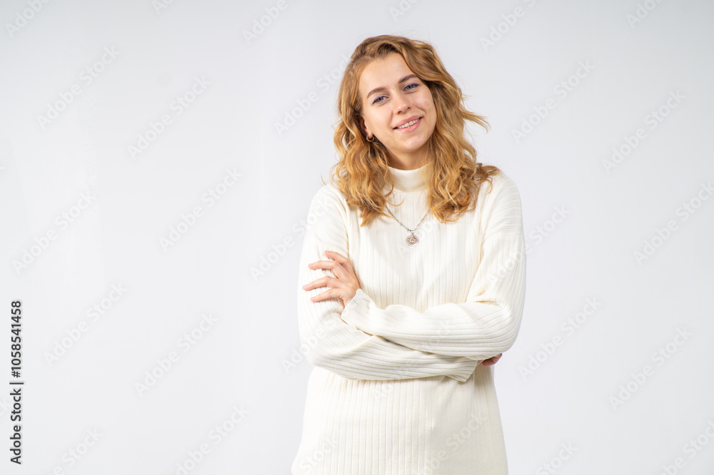 Half-length portrait of smiling young attractive blonde girl on white background Half-length portrait of smiling young attractive blonde girl on white background