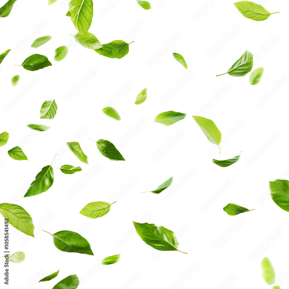 Green Flying Leaves, Falling Leaf on Transparent Background Green Flying Leaves, Falling Leaf on Transparent Background