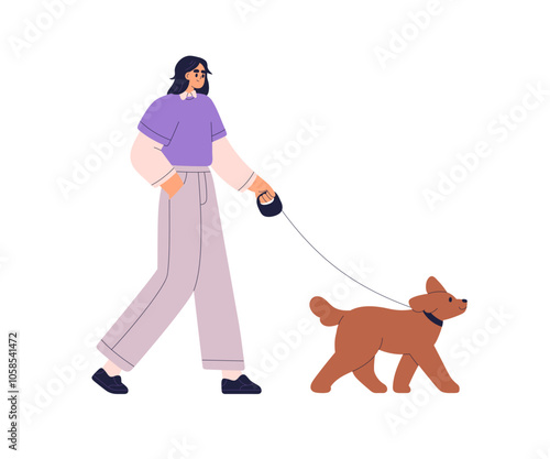Woman walking cute dog on leash. Pet owner strolling outdoors, leading happy puppy, profile. Female and companion puppy, doggy on street. Flat vector illustration isolated on white background
