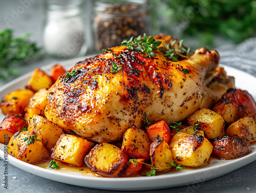  a roasted chicken with potatoes and herbs, displayed on a gray countertop with a jar of spices in the background.