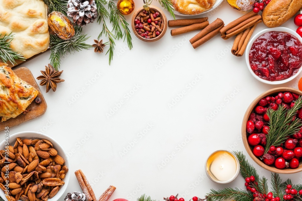 Fototapeta premium Festive food arrangement with nuts, cranberries, and pastries on a white background, perfect for holiday celebrations.