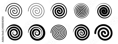 Spiral set. Editable spiral stroke collection. Spiral and swirl motion design elements isolated on white background. Abstract circle brush textures. 