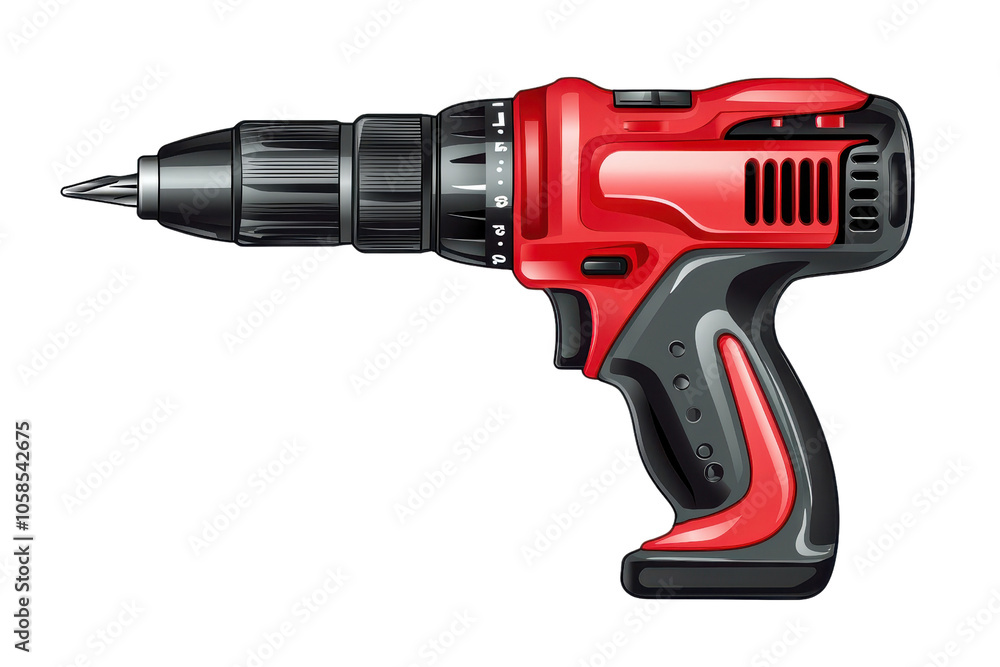 Red and black cordless electric drill with ergonomic handle, perfect for home improvement, DIY projects, and professional construction work. Red and black cordless electric drill with ergonomic handle, perfect for home improvement, DIY projects, and professional construction work.