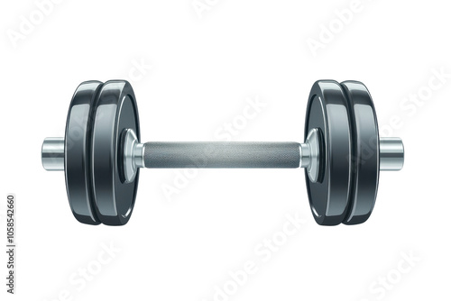 Single gray dumbbell with sleek metal design, isolated on transparent background. Perfect for fitness, strength training, and gym concepts.