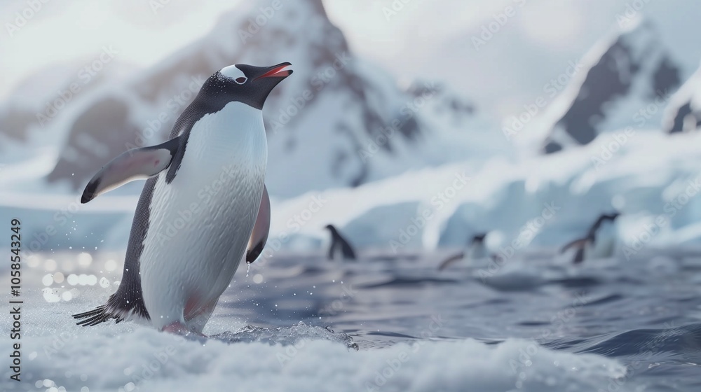 Fototapeta premium A penguin sliding on ice while singing, with a backdrop of snowy mountains and other penguins watching in delight.
