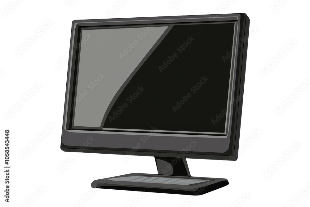 Sleek black computer monitor with a glossy screen on a simple stand, isolated on a transparent background. ideal for technology and workspace themes. Sleek black computer monitor with a glossy screen on a simple stand, isolated on a transparent background. ideal for technology and workspace themes.