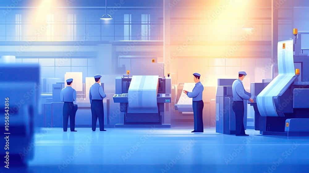 An illustration of a printing factory floor, with multiple machines in operation, workers in uniform, and a sense of industrious activity, high resolution 8K An illustration of a printing factory floor, with multiple machines in operation, workers in uniform, and a sense of industrious activity, high resolution 8K
