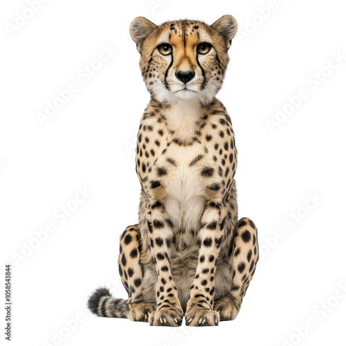 This stunning photograph captures a majestic cheetah sitting gracefully, showcasing its beautiful spots and captivating gaze. A true symbol of speed and elegance. photo