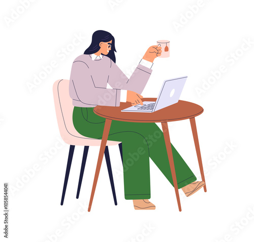 Freelancer, business woman working at laptop with coffee mug. Female characte...